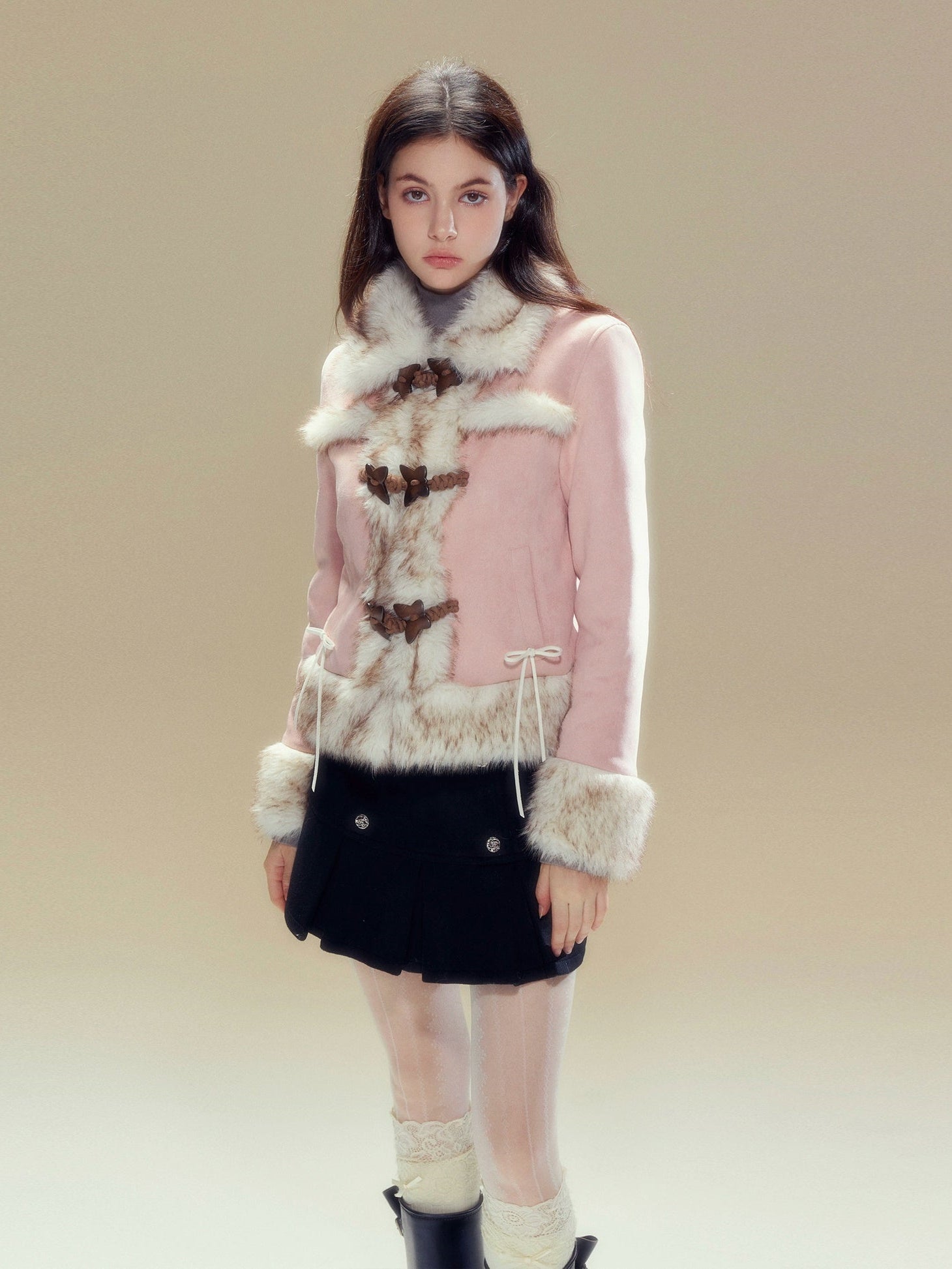 Suede Touch Butterfly Buckle Fur Plush Jacket &amp; Pleated Skirt