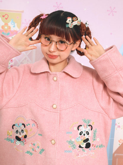 Panda Embroidered Doll Collar Mid-length Coat