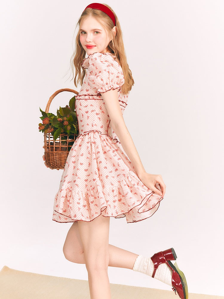 Ribbon Printed Doll Collar Dress