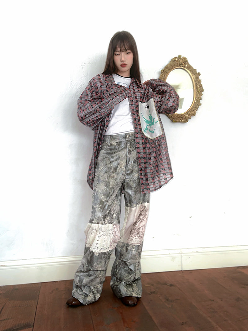 Tie-dye Printed Lace Splicing Pants