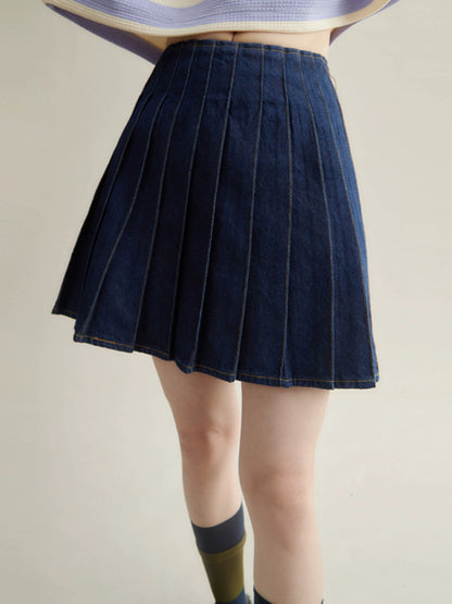 A-line Short Denim Pleated Skirt