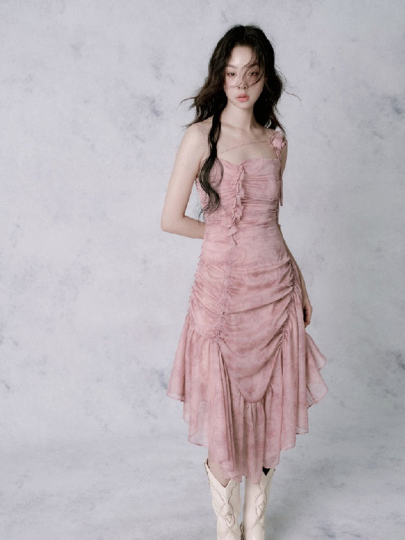 Rose Asymmetrical Wrinkled Suspender Dress