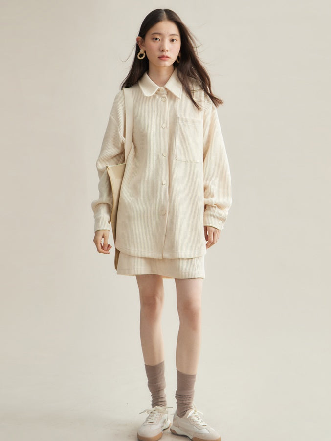 Woven Texture Casual Loose Shirt ＆ Mini Skirt