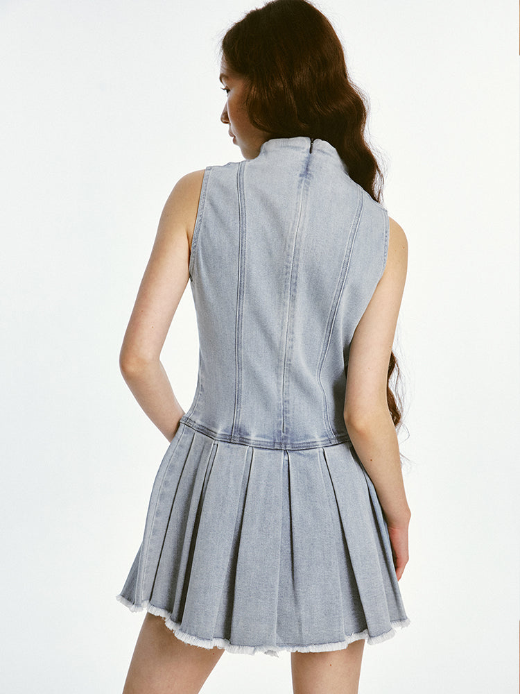 Sleeveless Pleated Denim Dress