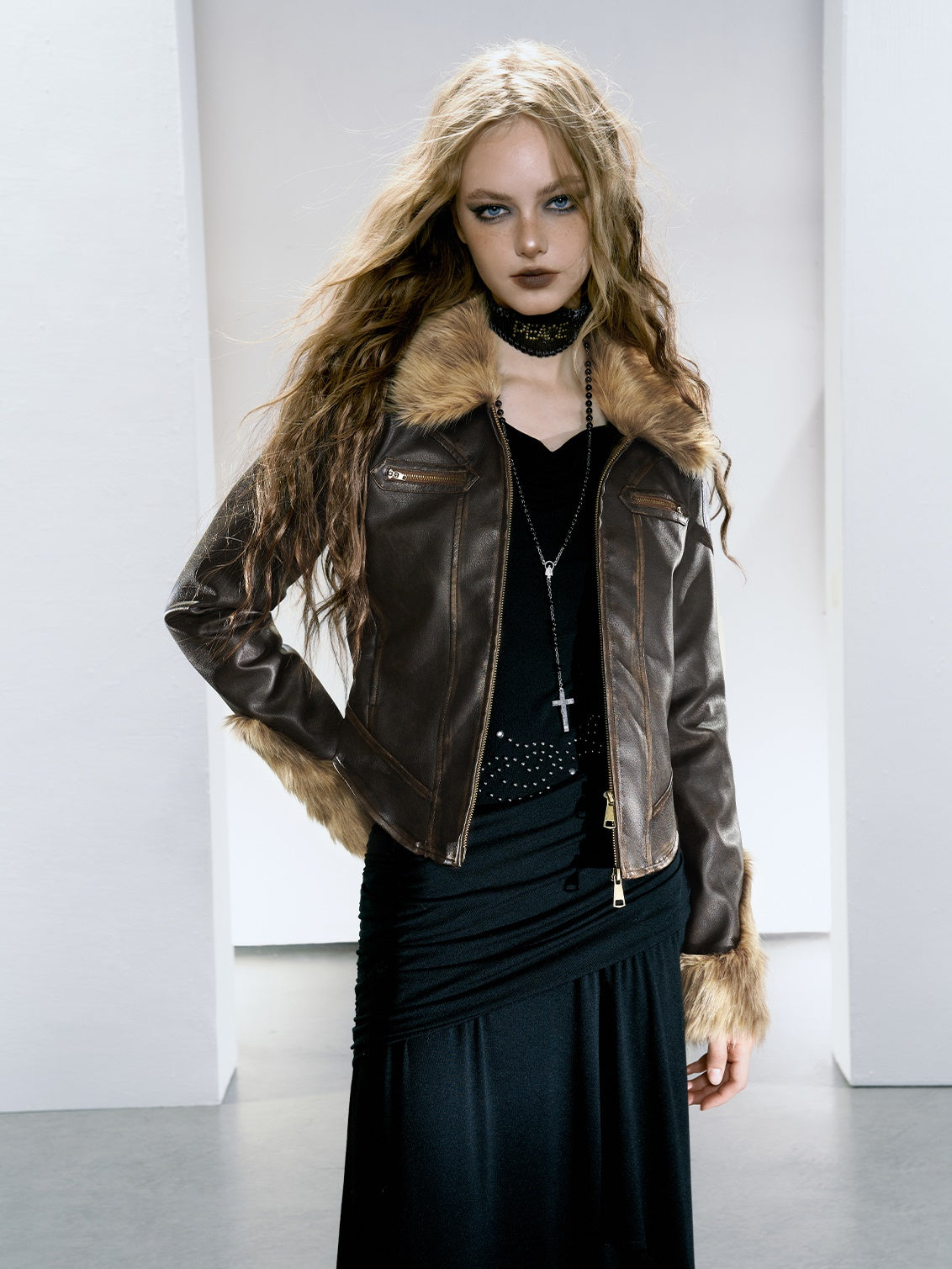 Fur Collar Quilted Leather Jacket