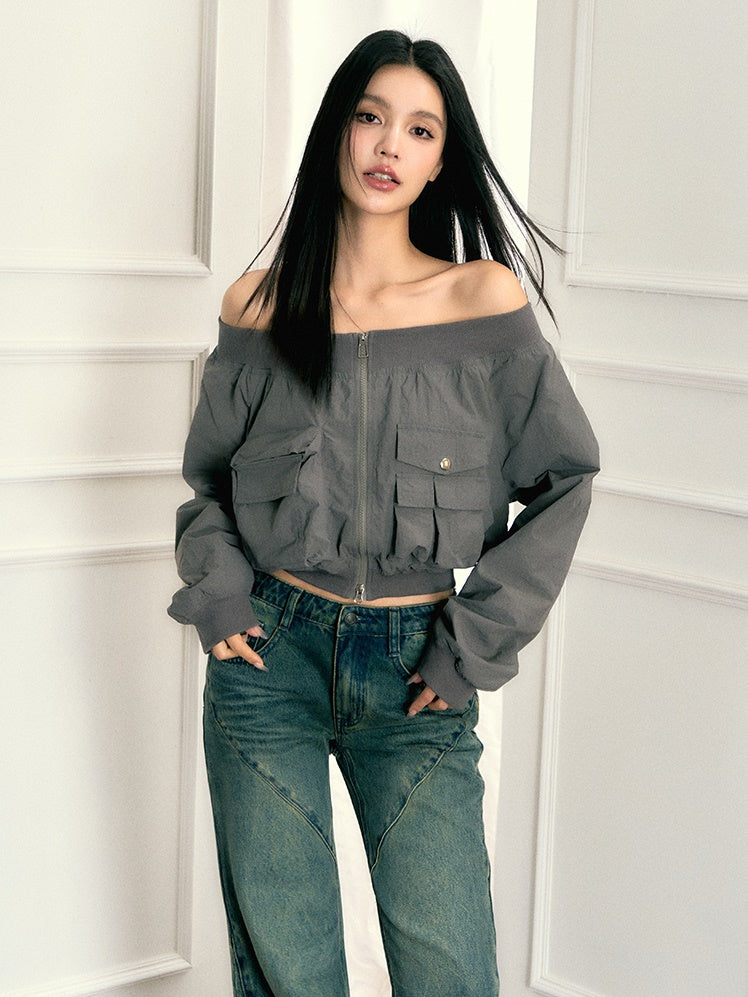 Off-shoulder Work Taste ZIP-Up Short Jacket