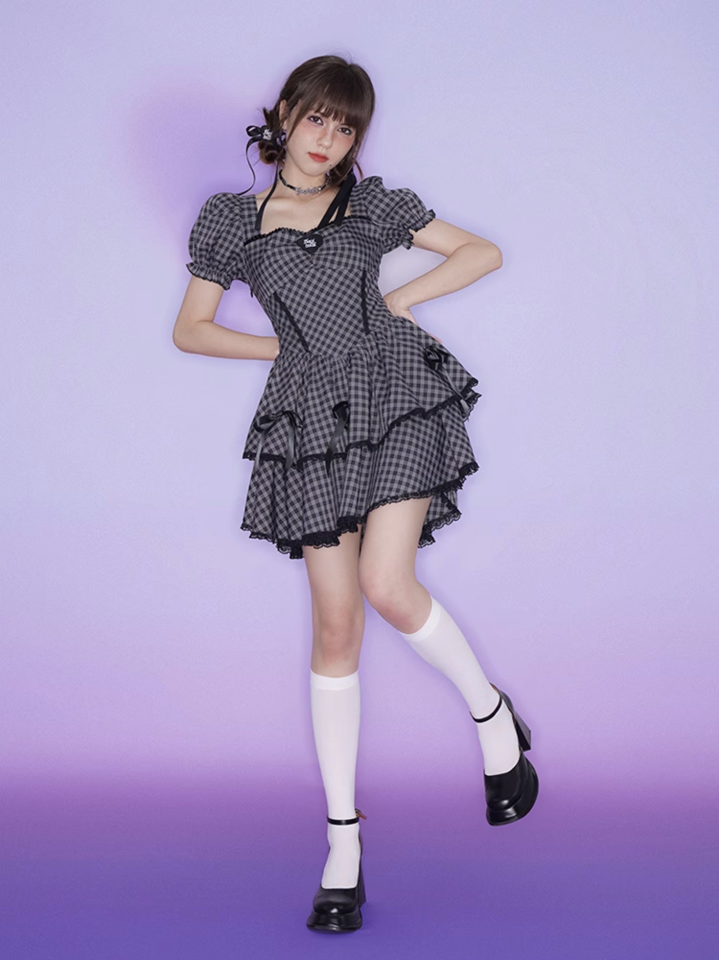 Back Hollow Check Ribbon One-piece