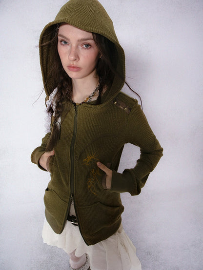 Embroidery Slim Knitted Hooded Parka