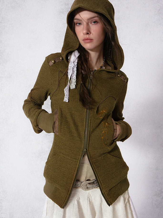 Embroidery Slim Knitted Hooded Parka