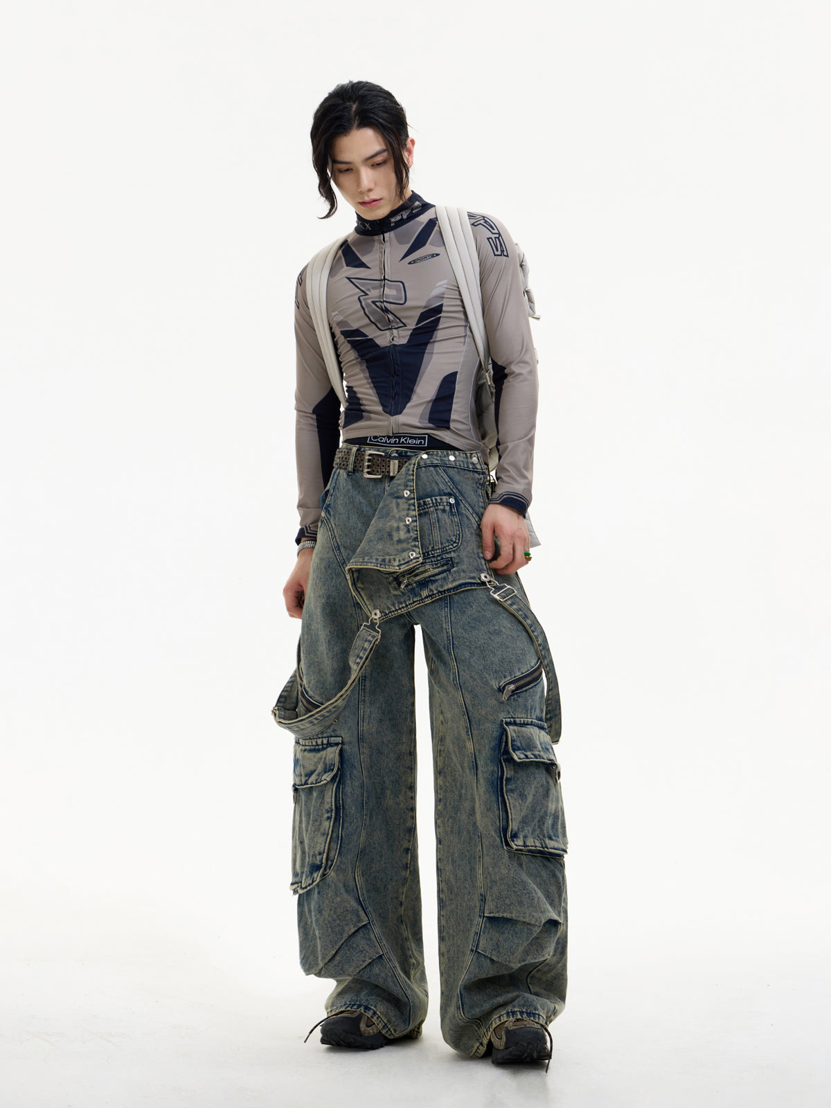 Detachable Distressed Washed Multi-pocket Salopette Pants