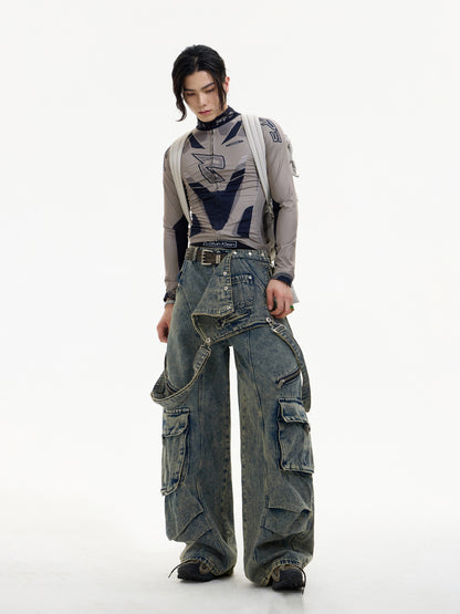 Detachable Distressed Washed Multi-pocket Salopette Pants