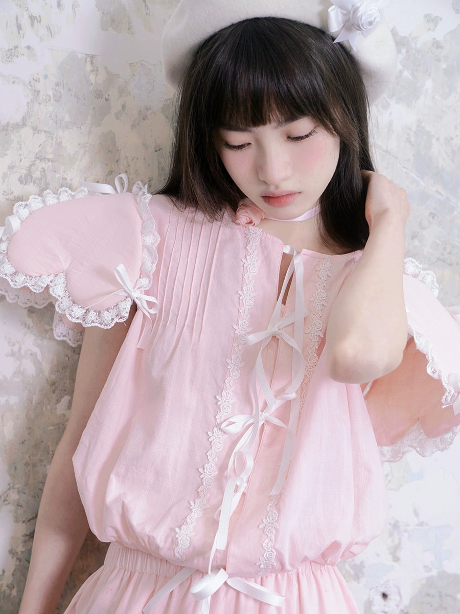 Three-dimensional Love Sleeve Bow Lace Girls Shirt