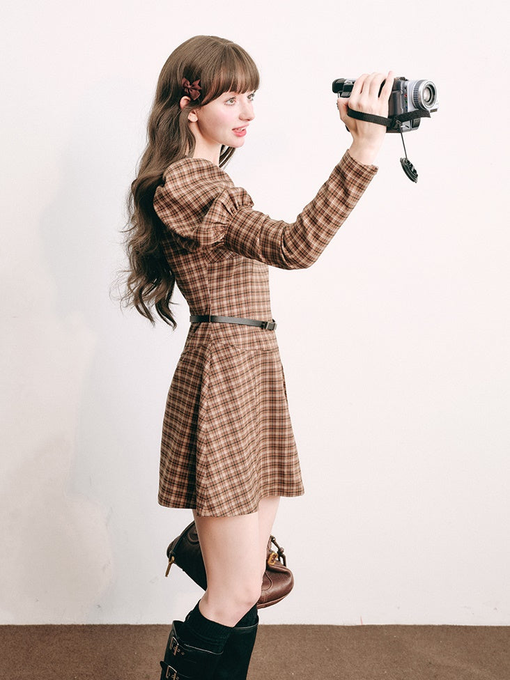 Plaid Retro Bubble Sleeve Dress