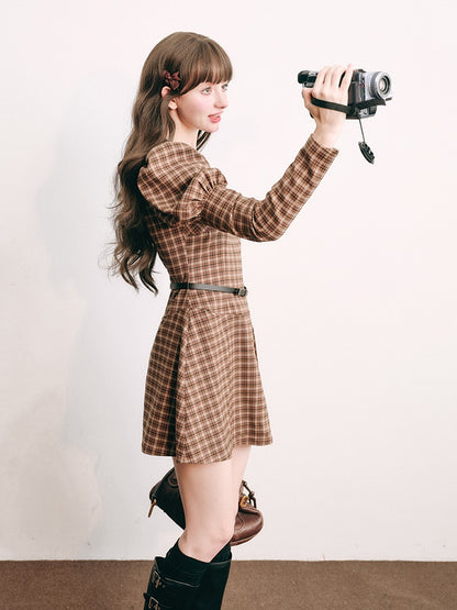 Plaid Retro Bubble Sleeve Kleid