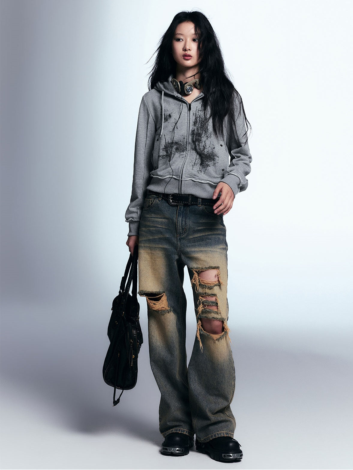 Distressed Ripped Raw Edge Loose Straight Jeans