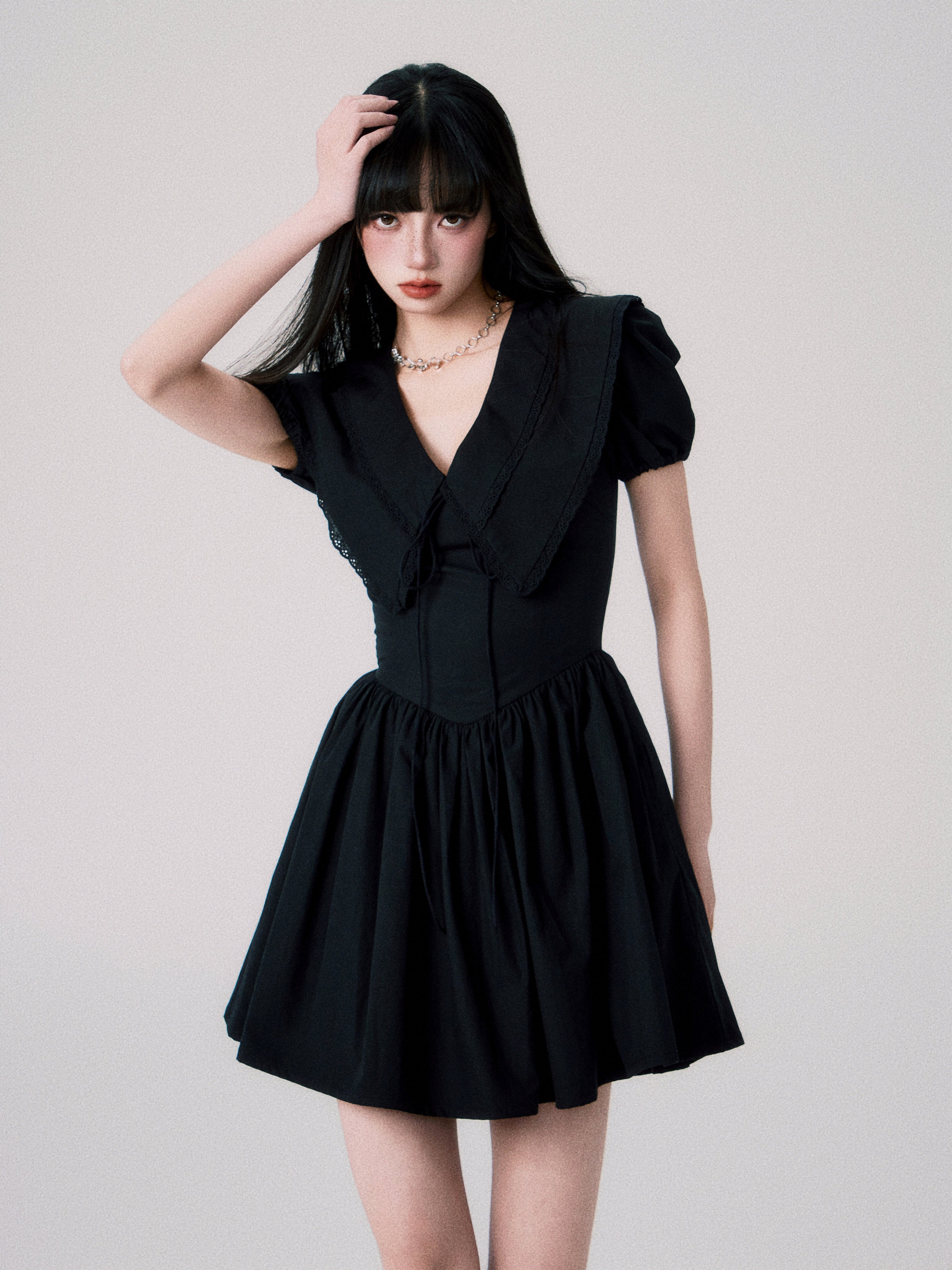 Babydoll Collar Puff Sleeve Short One-piece