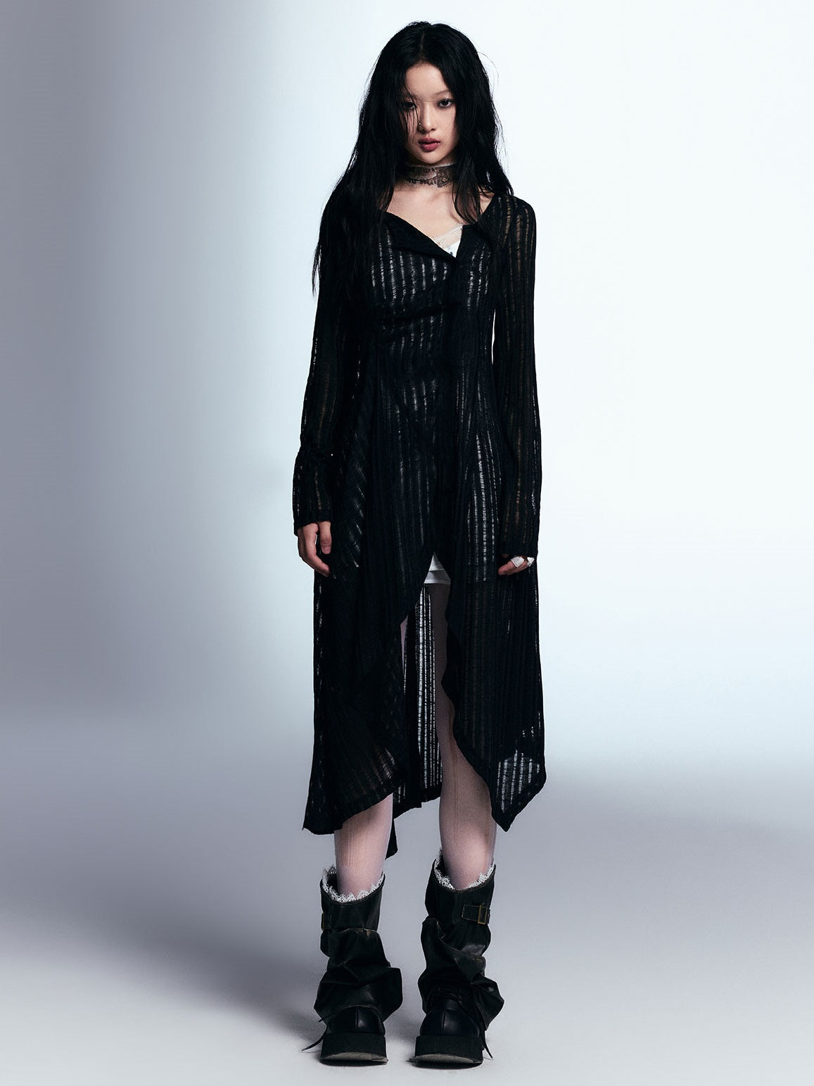 Hollow Striped Long Knitted Cardigan