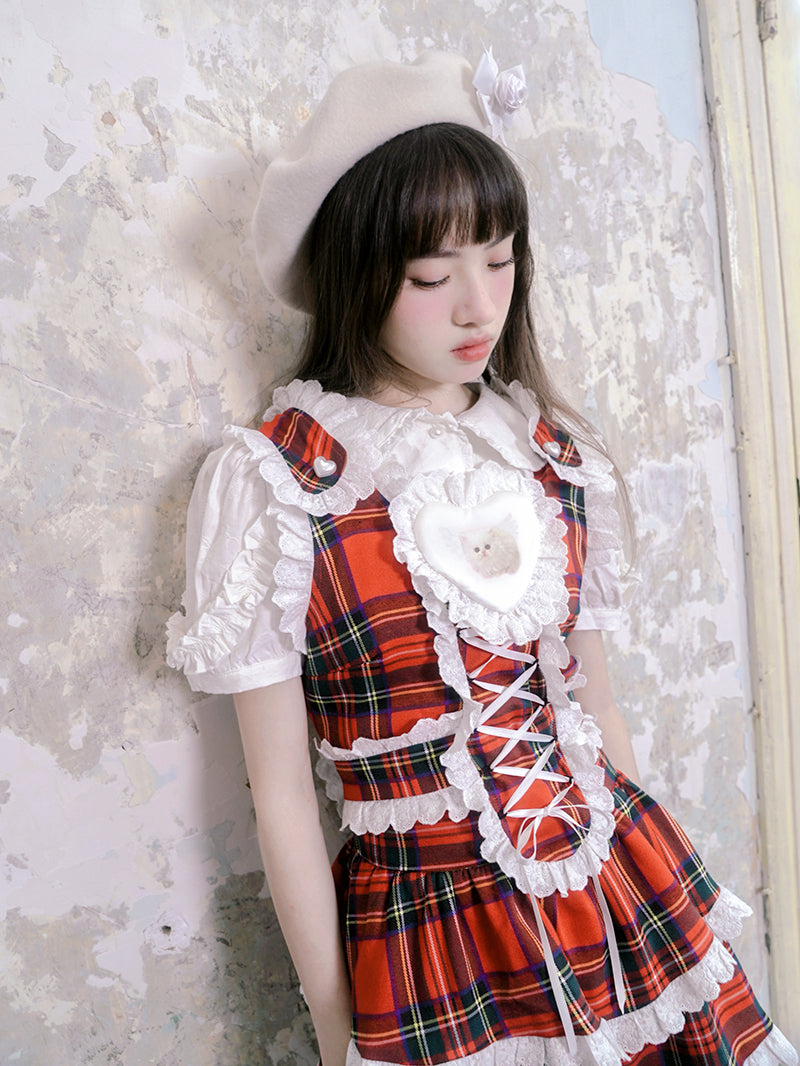 Plaid Cat Print Lace Suspender Dress