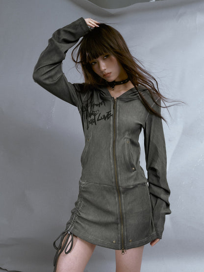 Washed Old Pocket Zipper Hooded One-piece