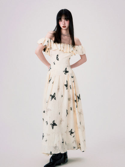 Butterfly Print Ruffle Off-shoulder Dress