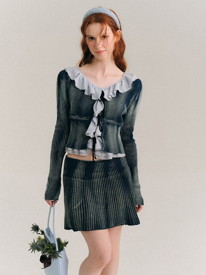 Washed Tie-dye Lace-up Knitted Cardigan &amp; Skirt