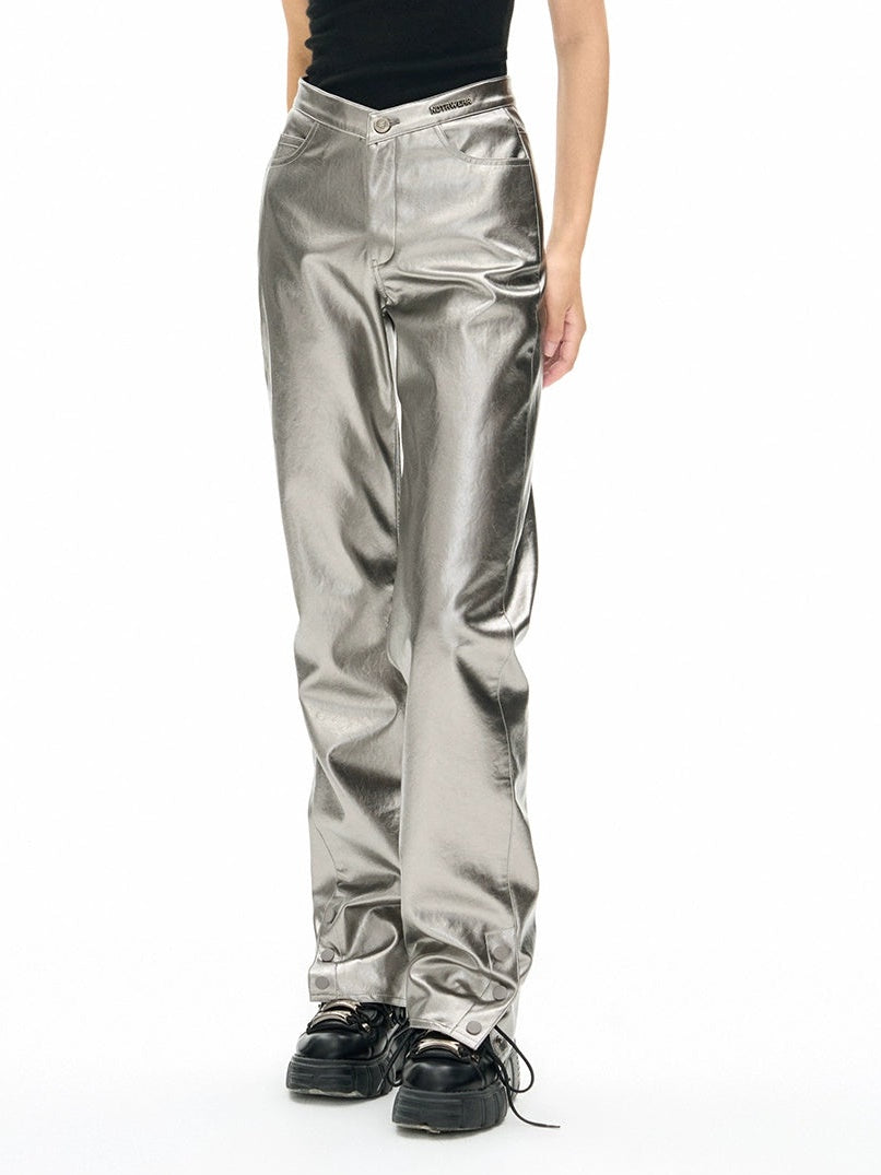 V-shaped High Waist Metallic Leather Pants