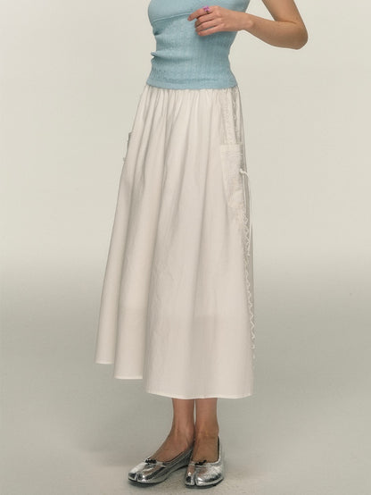 Side Lace Stitch Long Gather Skirt