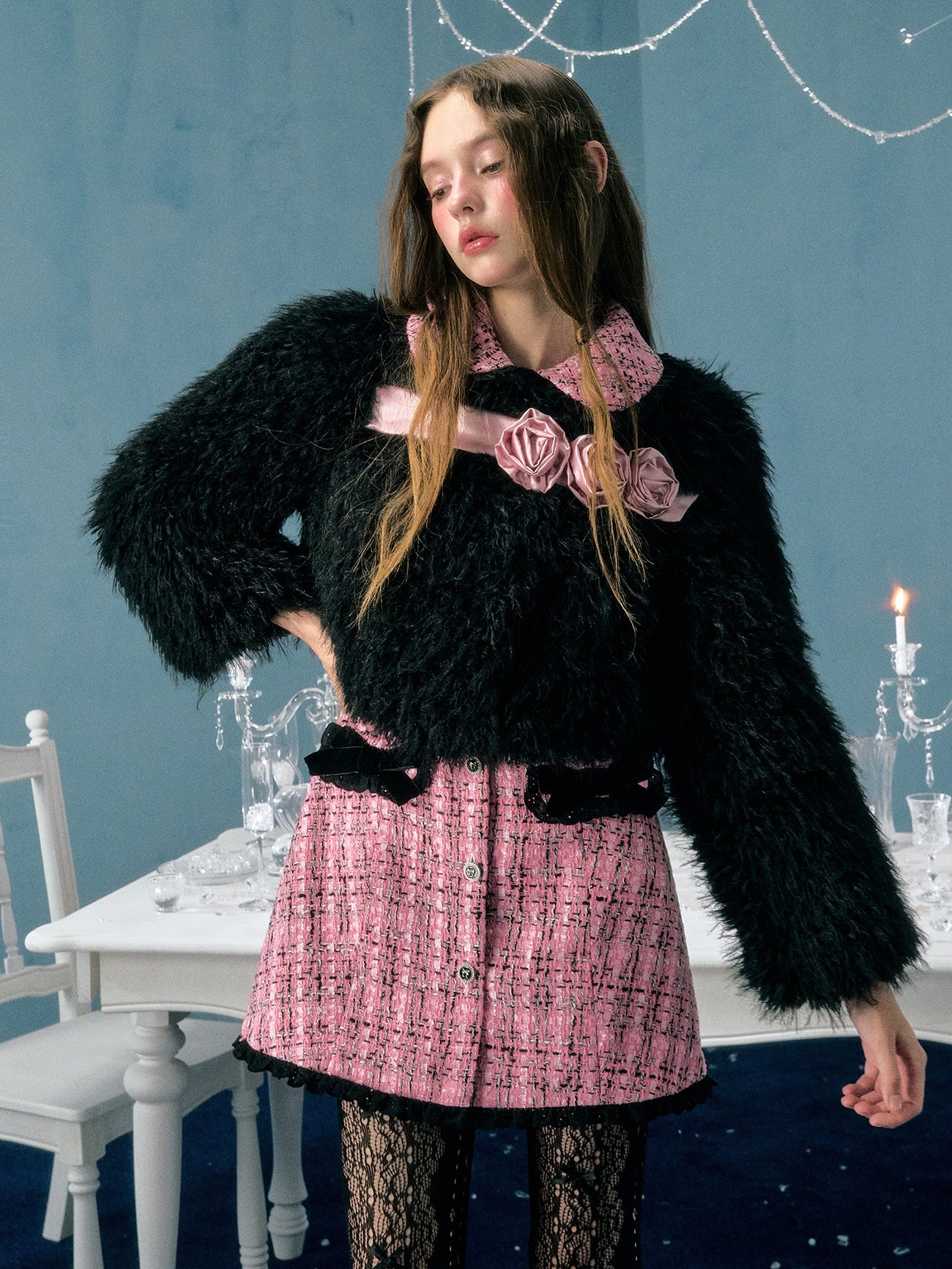 Rose Flower Decoration Short Imitation Fur Coat