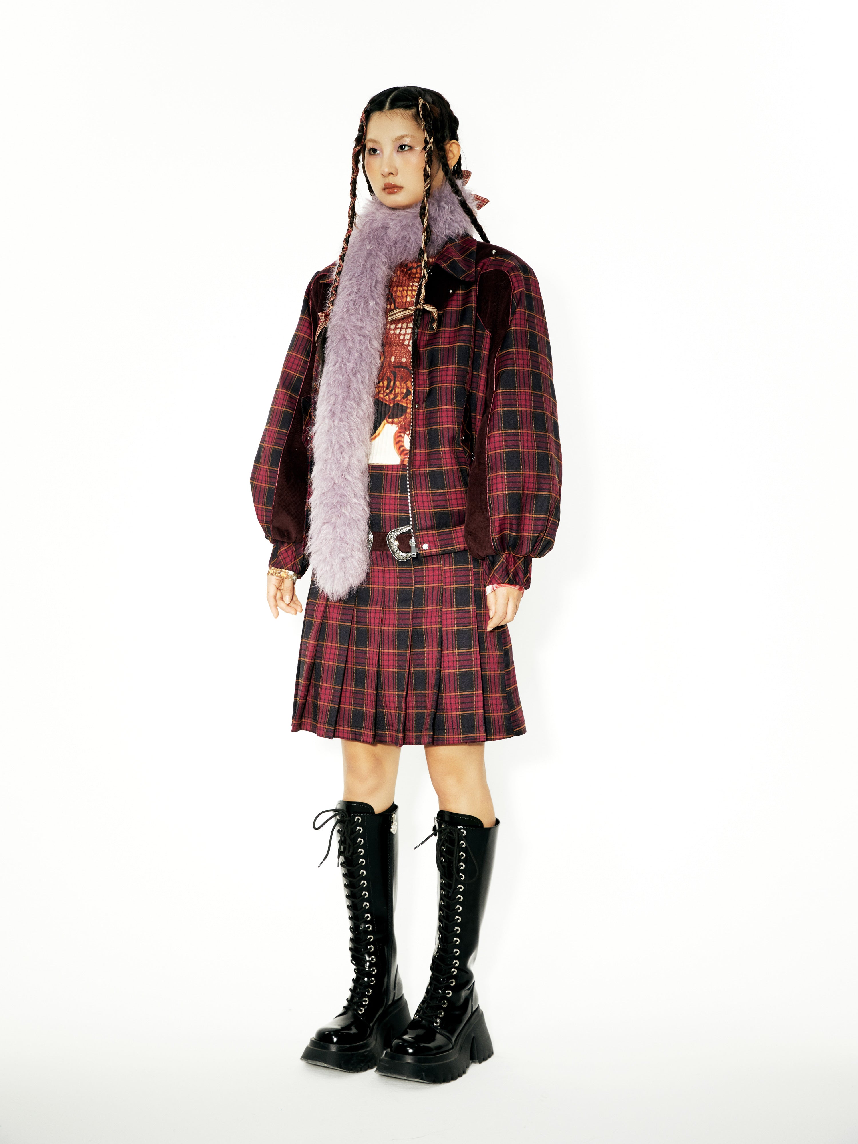 Plaid Stitching Strip Design Short Padded Jacket &amp; Pleated Skirt