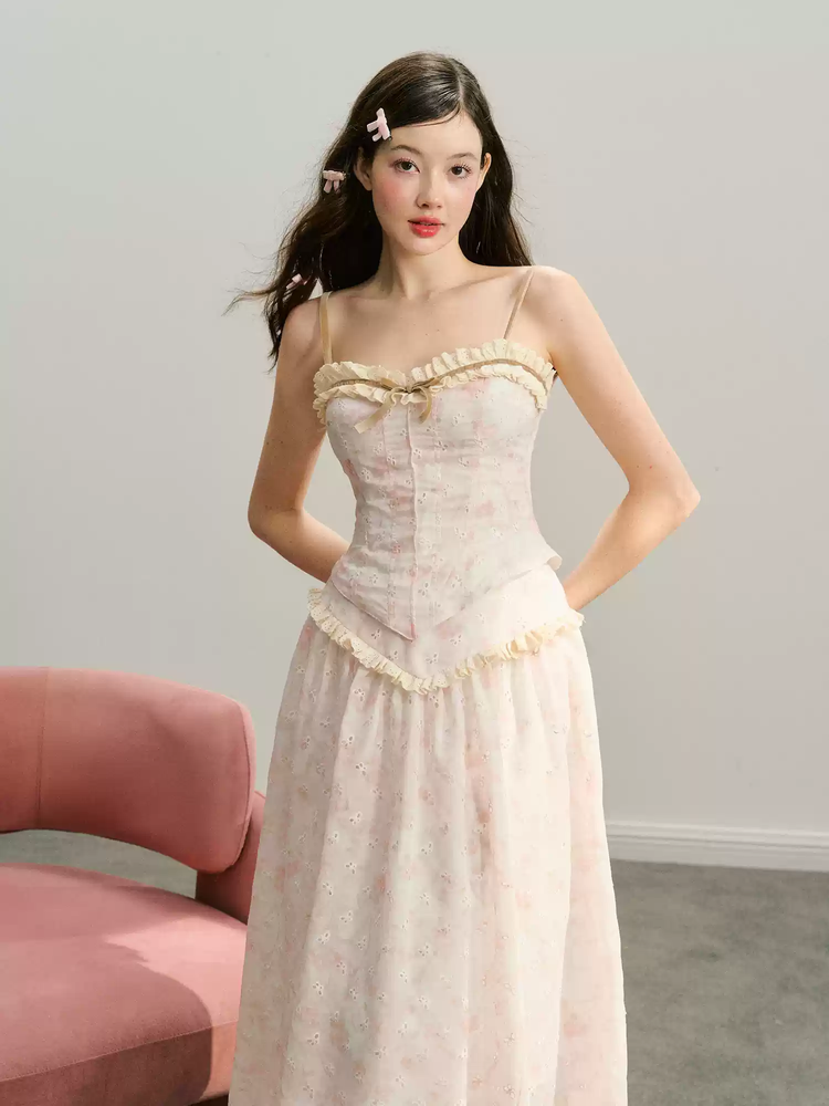 Set-Up Flower Feminine Cute Frill Camisole Bustier＆Long-Skirt