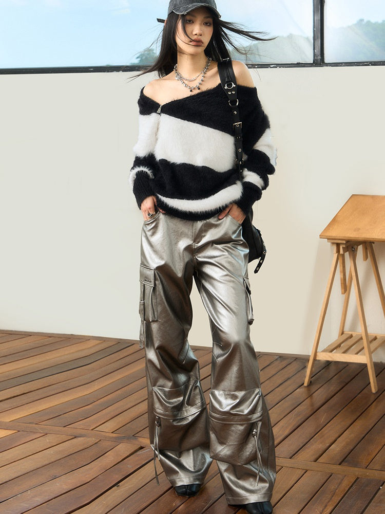 PU Leather Wide-leg Cargo Pants