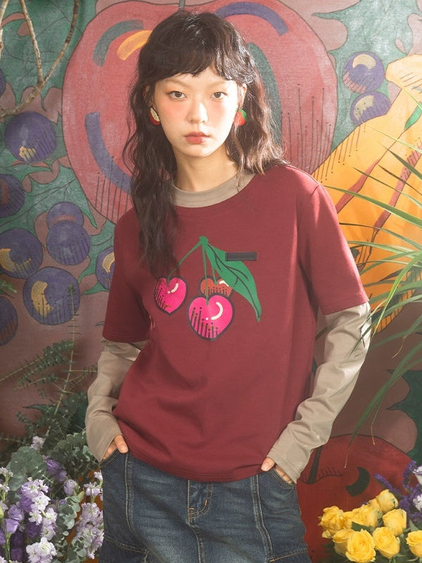 Cherry Print Fake Layered Long-sleeved T-shirts