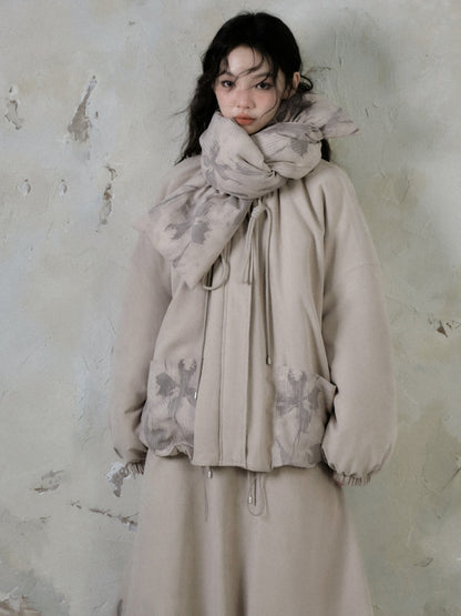 Floating Flower Shadow Printed Loose Padded Jacket &amp; Muffler