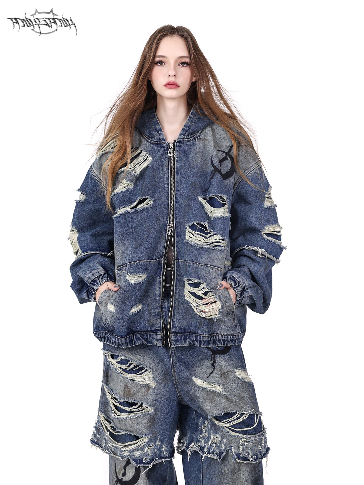 Holes Loose Genderless Hooded Denim Jacket