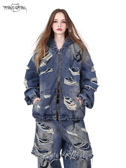 Holes Loose Genderless Hooded Denim Jacket