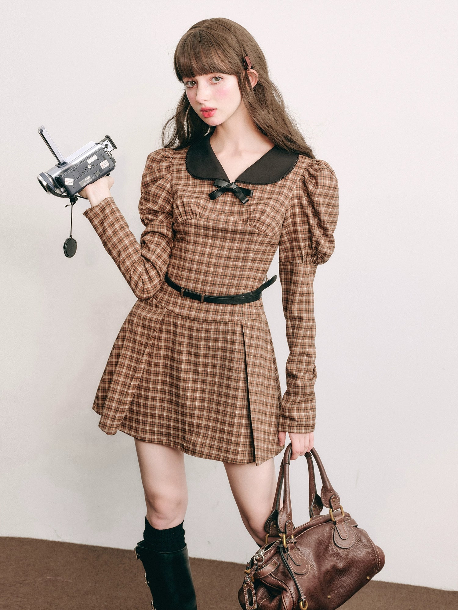 Plaid Retro Bubble Sleeve Kleid