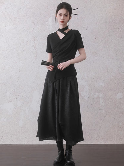 Bamboo Leaf Irregular Pleated Skirt