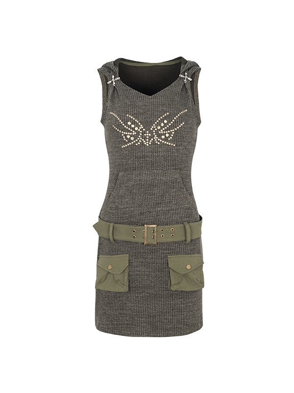 Retro Knitted Belt Sleeveless Hooded One-piece