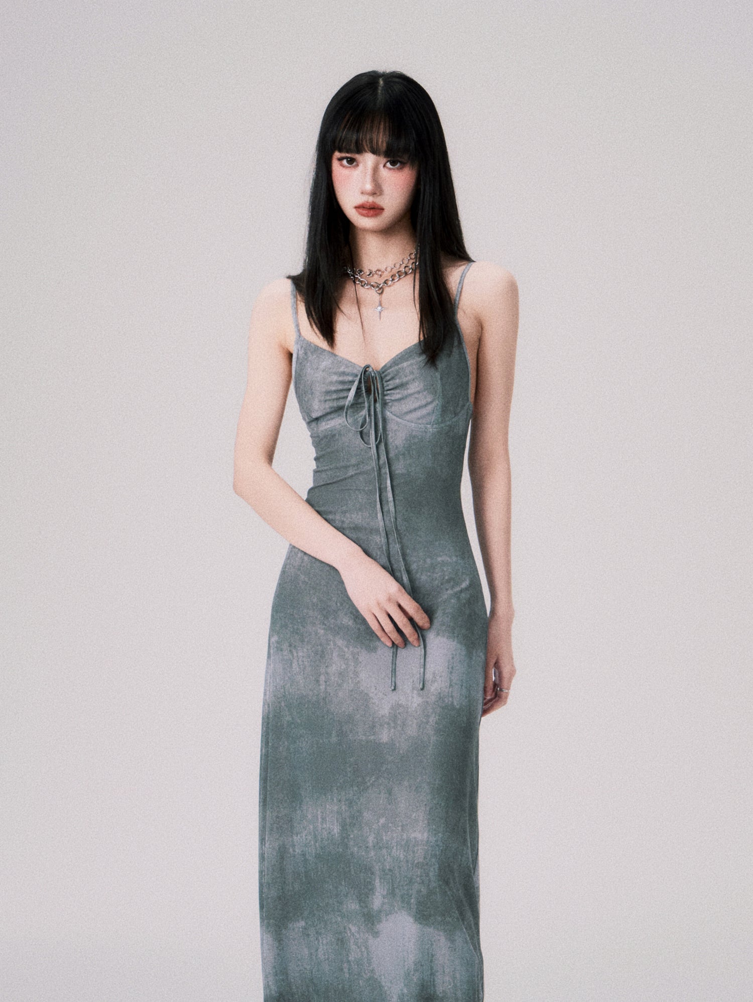 Tie-dyed Ink Painting Mesh Elastic Suspender Dress