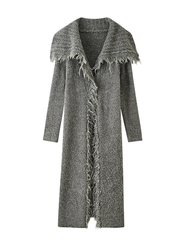 Large Collar Fringed Long Knitted Cardigan