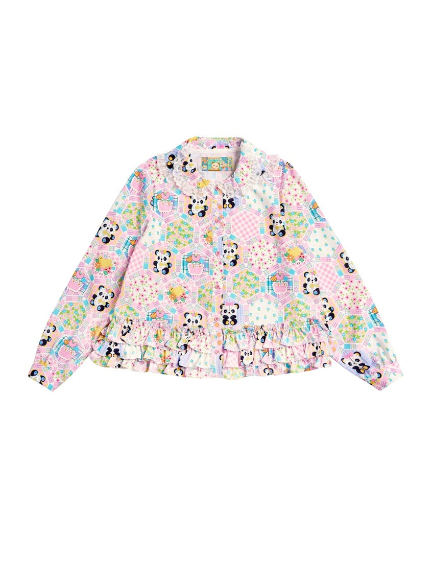 Lace Petal Collar Patchwork Print Ruffle Shirt