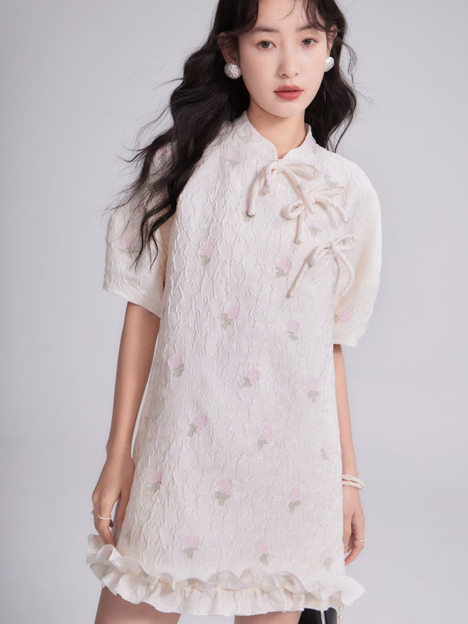 MAO COLLAR JACQUARD BOW DRESS