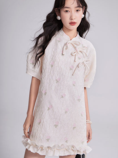 Mao Collar Jacquard Bow Dress