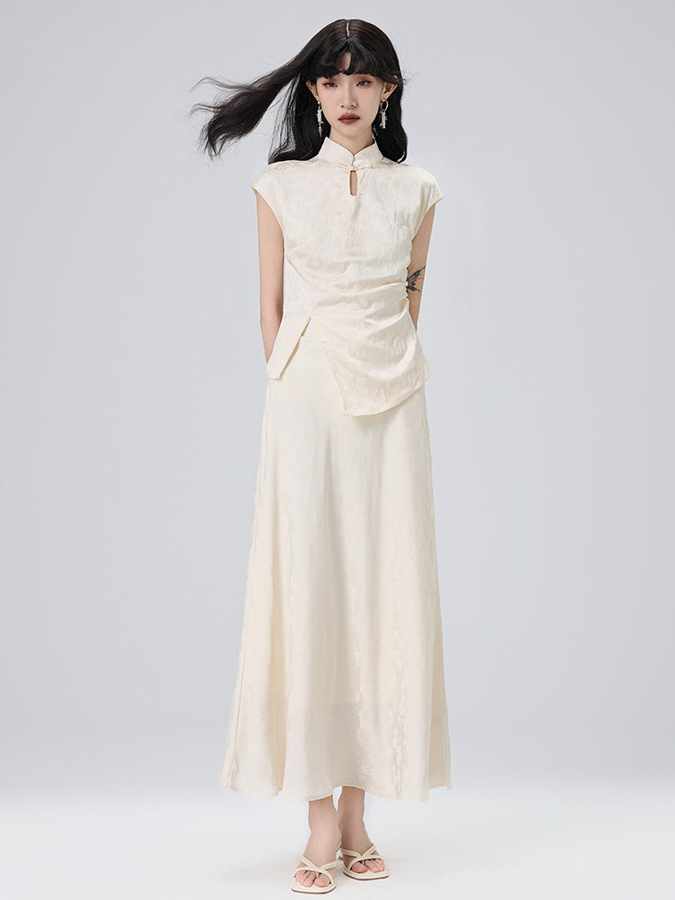 Chinese Style Jacquard French Sleeve Top ＆ Long Skirt