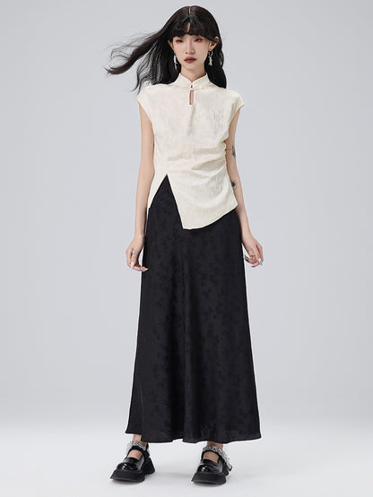 Chinese Style Jacquard French Sleeve Top ＆ Long Skirt