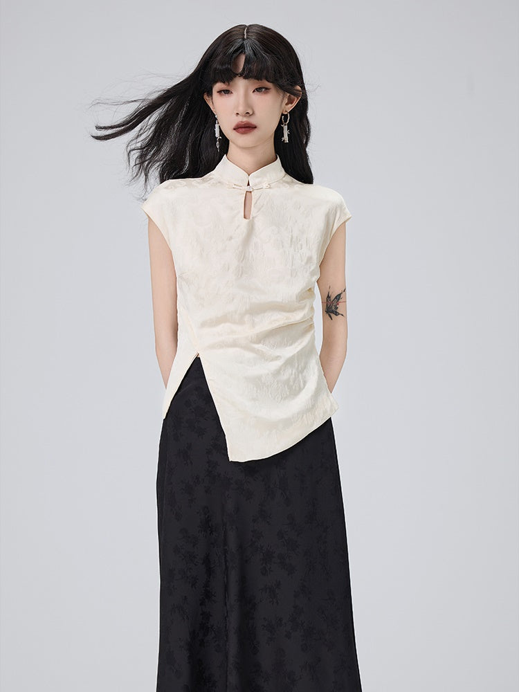 Chinese Style Jacquard French Sleeve Top ＆ Long Skirt