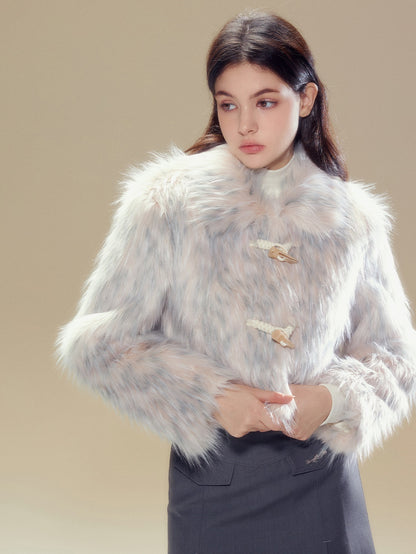 Long Hair Horn Button Friendly Fur Jacket &amp; Box Pleated Skirt