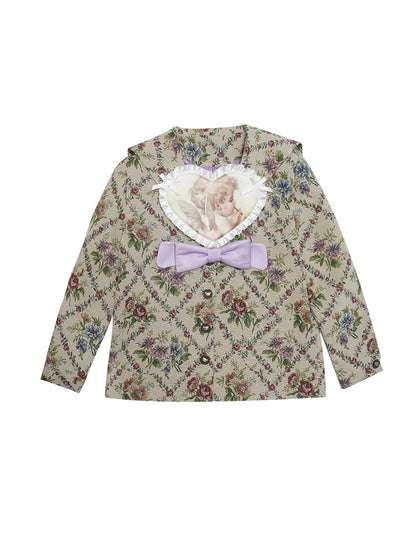 Cat Lace Print Bow Jacquard Sailor Neck Veste