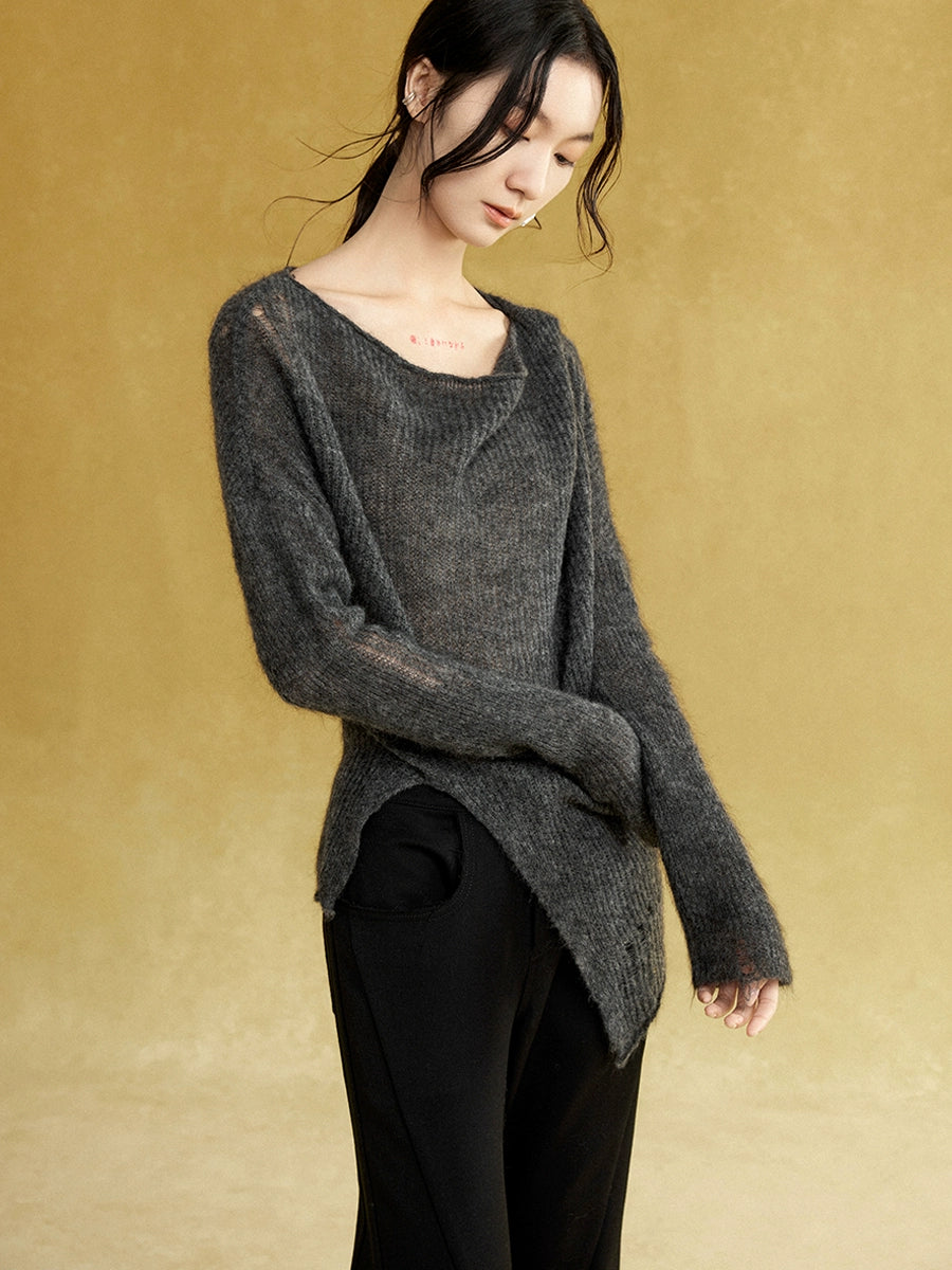 Swing Collar Asymmetry Slit Sweater