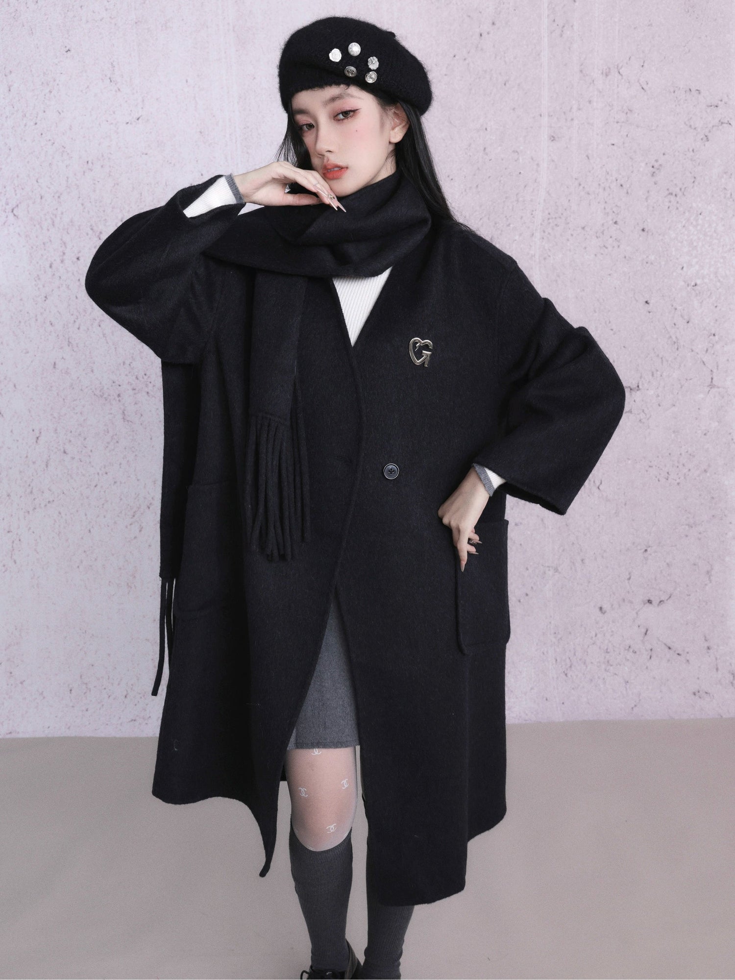 Double-sided Woolen Coat With Muffler